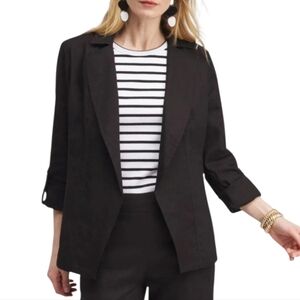 NEW! Chico's Linen Blend Stretch Blazer XL 3 Black Roll Tab Sleeves NWT